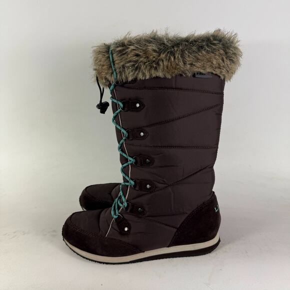 L.L. Bean Winter Snow Boots Women's 7 Brown Nylon Lace Up Fur Trim Mid Calf - Picture 5 of 9